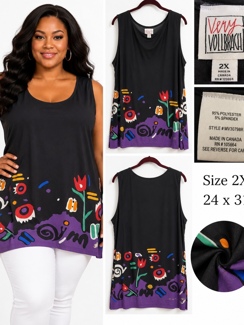 Very Vollbrach 2X Black Abstract Floral Border Tunic Tank Made in Canada